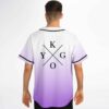 Man modeling white to purple gradient baseball jersey, back view with crossed logo