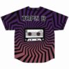 Tape B rave baseball jersey back view with cassette tape graphic on purple to pink