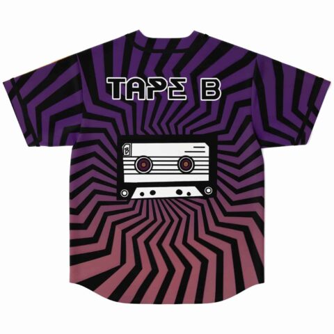Tape B rave baseball jersey back view with cassette tape graphic on purple to pink