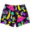 Back view of dark navy shorts covered in trippy pink yellow and purple mushroom pattern