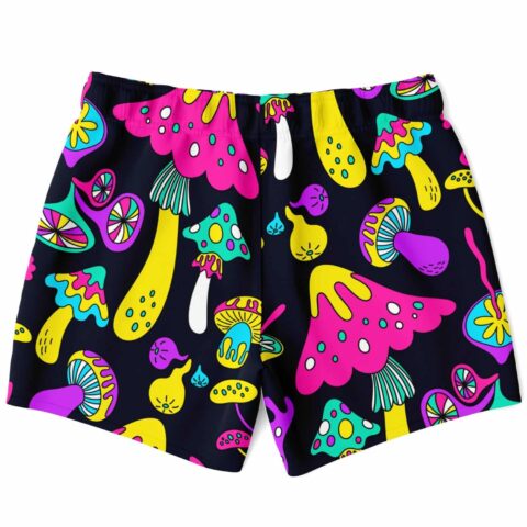 Back view of dark navy shorts covered in trippy pink yellow and purple mushroom pattern