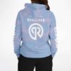 Back view of pastel cloud hoodie showing logo and sleeve lettering