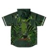 Back view of hooded jersey with cartoon pickle character on green psychedelic swirl print