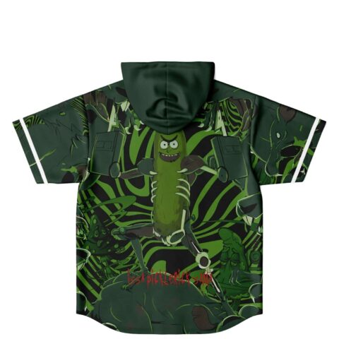 Back view of hooded jersey with cartoon pickle character on green psychedelic swirl print