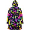 Back view of dark navy cloak showing pink purple and yellow psychedelic mushroom pattern