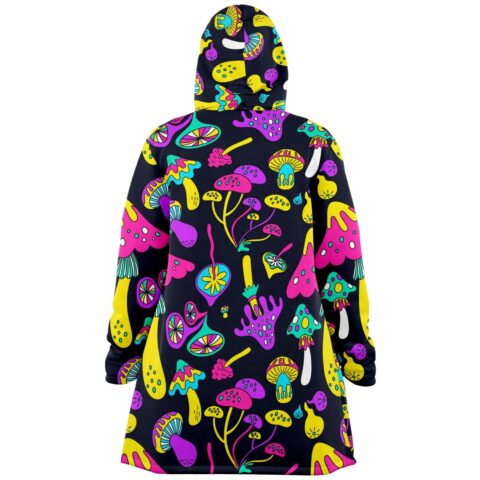 Back view of dark navy cloak showing pink purple and yellow psychedelic mushroom pattern