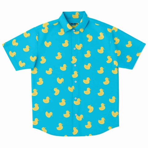 Duck pattern button-up shirt with yellow ducks on blue background
