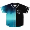 Split baseball jersey with misty forest ocean print, black geometric icosahedron side, front view