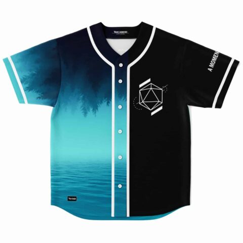 Split baseball jersey with misty forest ocean print, black geometric icosahedron side, front view