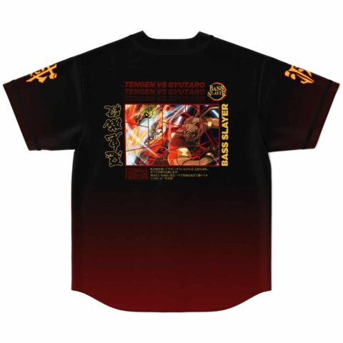 Anime-inspired battle graphic rave jersey back view with fight scene panels and kanji text