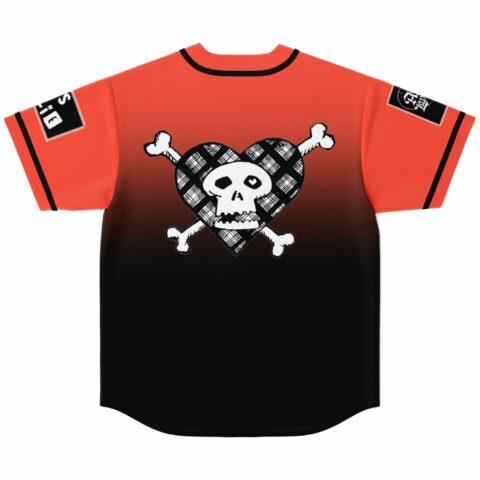Skull and crossbones plaid heart graphic on orange fade rave baseball jersey back view