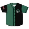 Forest green and black colorblock jersey laid flat with front chibi character patch