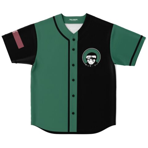 Forest green and black colorblock jersey laid flat with front chibi character patch