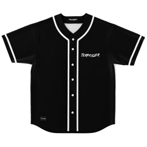 Black rave baseball jersey with white piping and Terpkiller brushstroke wordmark, front view laid flat