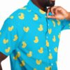 Model wearing the yellow duck pattern rave button-down shirt, front close-up