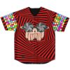 Red hypnotic spiral op-art jersey front with cupped hands holding swirl sunglasses