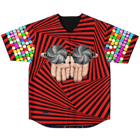 Red hypnotic spiral op-art jersey front with cupped hands holding swirl sunglasses