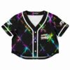Rainbow starburst pattern and text on a rave cropped baseball jersey