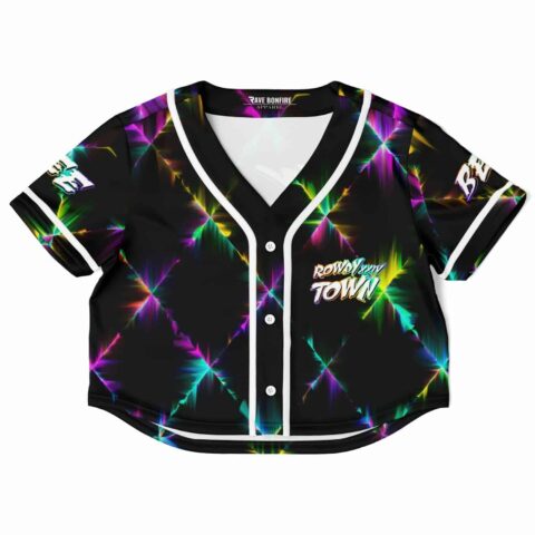 Cropped baseball jersey with rainbow starburst pattern and text
