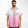 Man wearing white and pink ombre rave baseball jersey with cartoon kitty patch on chest