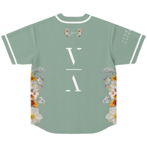 Sage floral rave jersey back view showing bold V A lettering and Lane 8 signature