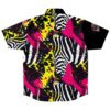 Back view of the black rave button-down shirt with zebra stripes and color splash design