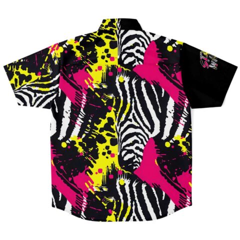 Back view button-up shirt featuring zebra stripes and color splash design
