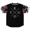 Black jersey back view showing X logo above red rose and white floral sleeve print