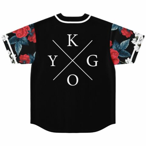 Black jersey back view showing X logo above red rose and white floral sleeve print