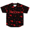 Black bright orbs rave baseball jersey with red text laid flat front view