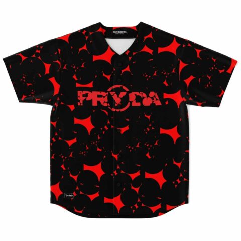 Black bright orbs rave baseball jersey with red text laid flat front view