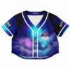 Vibrant rave cropped baseball jersey with galaxy-inspired background graphics