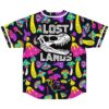 Back view showing large dinosaur skull graphic with Lost Lands text over neon mushroom pattern
