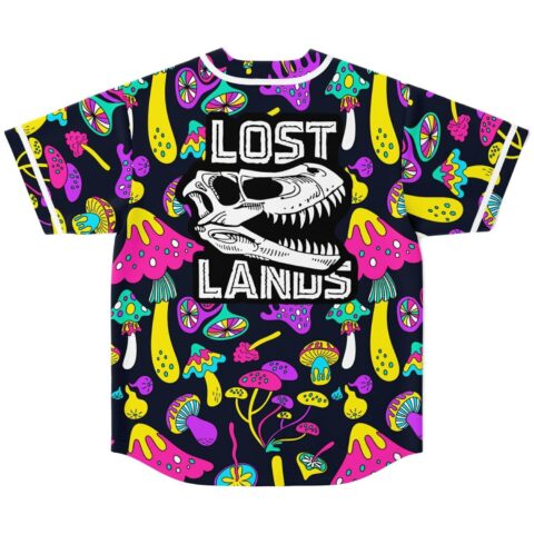 Back view showing large dinosaur skull graphic with Lost Lands text over neon mushroom pattern