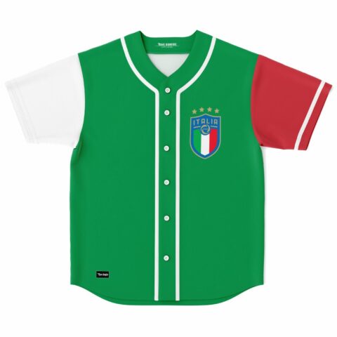 Italia flag baseball jersey flat lay showing button front and color block sleeves