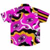 Back view of the stripe and eye rave button-down shirt with swirling patterns and eye motifs