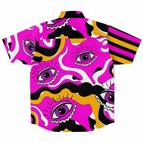 Back view button-up shirt with swirling patterns and eye motifs