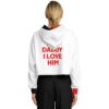Model wearing white cropped hoodie showcasing back design