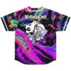 Back view of oil slick rainbow swirl baseball jersey with Seven Lions lion logo