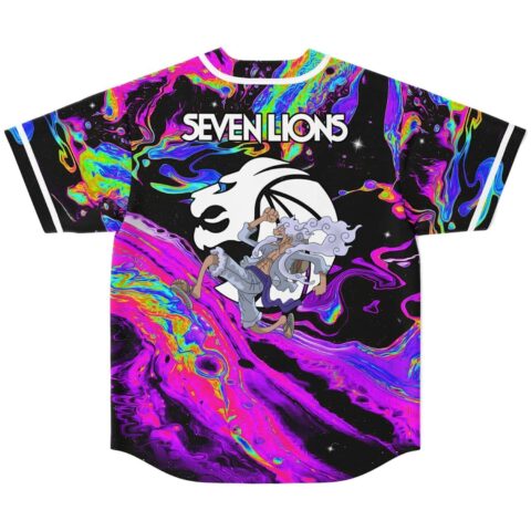 Back view of oil slick rainbow swirl baseball jersey with Seven Lions lion logo
