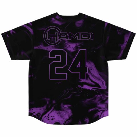 Purple swirling marble rave baseball jersey back view with Hamdi 24 lettering