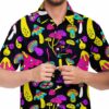 Model adjusting the buttons of the colorful mushroom rave button-down shirt