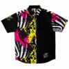Black rave button-down shirt with bright pink and yellow abstract print