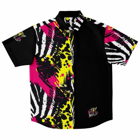 Black button-up shirt with bright pink and yellow abstract print