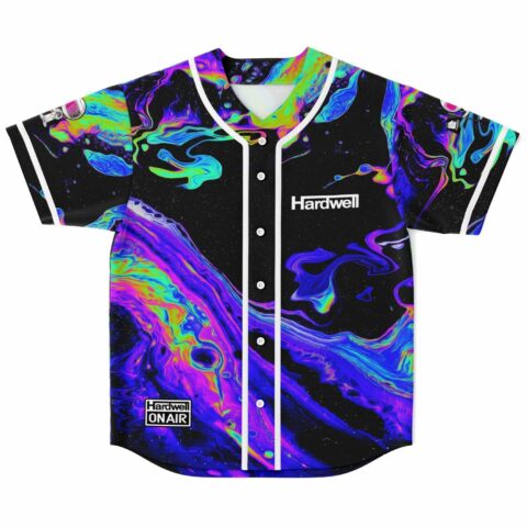 black holographic oil swirl rave baseball jersey with Hardwell logo front view laid flat