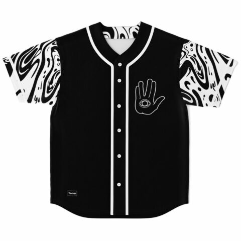 Black rave baseball jersey with hand-and-eye print and swirl pattern sleeves, front flat lay