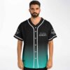 Man wearing black teal ombre rave jersey with Everything Always chest print