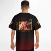 Model wearing black and red anime battle rave baseball jersey back view close-up