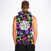 Model wearing the black rave sleeveless hoodie with mushroom graphics