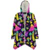 Neon psychedelic mushroom print draped cloak hoodie with sherpa lined hood, front view open